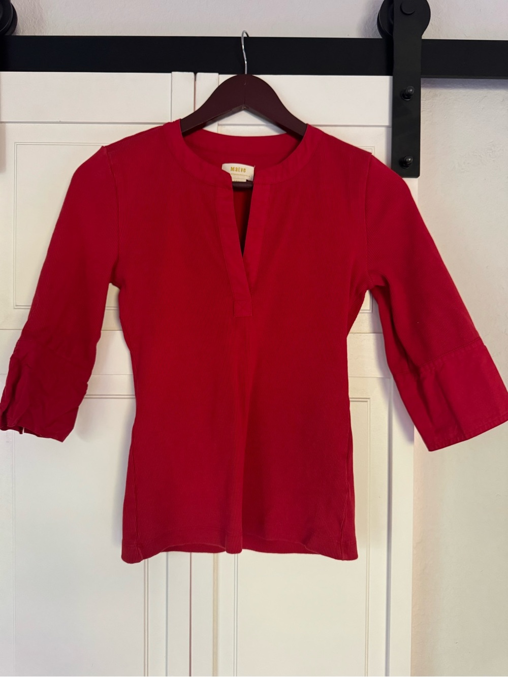 Maeve Anthropologie Red Ribbed Split Neck Bell Sleeve Top XS $98
